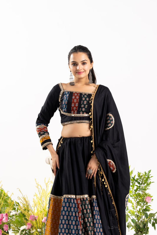 Navratri Lehenga choli With Ajrakh Cotton Printed 4 PC Set adding a touch of glamour and elegance to your look For Festive Season