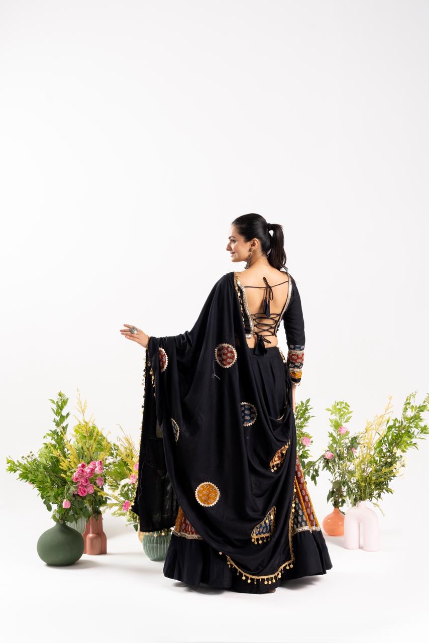 Navratri Lehenga choli With Ajrakh Cotton Printed 4 PC Set adding a touch of glamour and elegance to your look For Festive Season