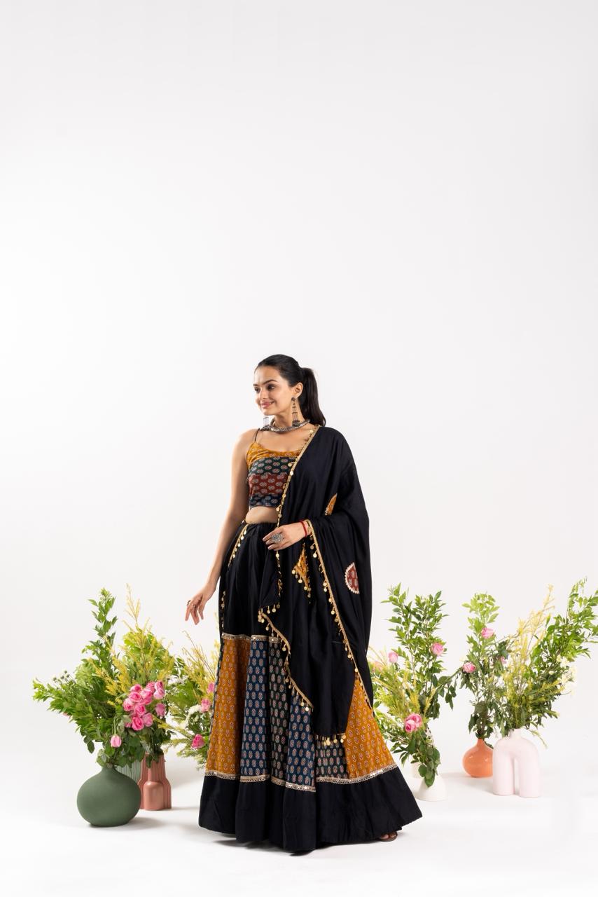 Navratri Lehenga choli With Ajrakh Cotton Printed 4 PC Set adding a touch of glamour and elegance to your look For Festive Season