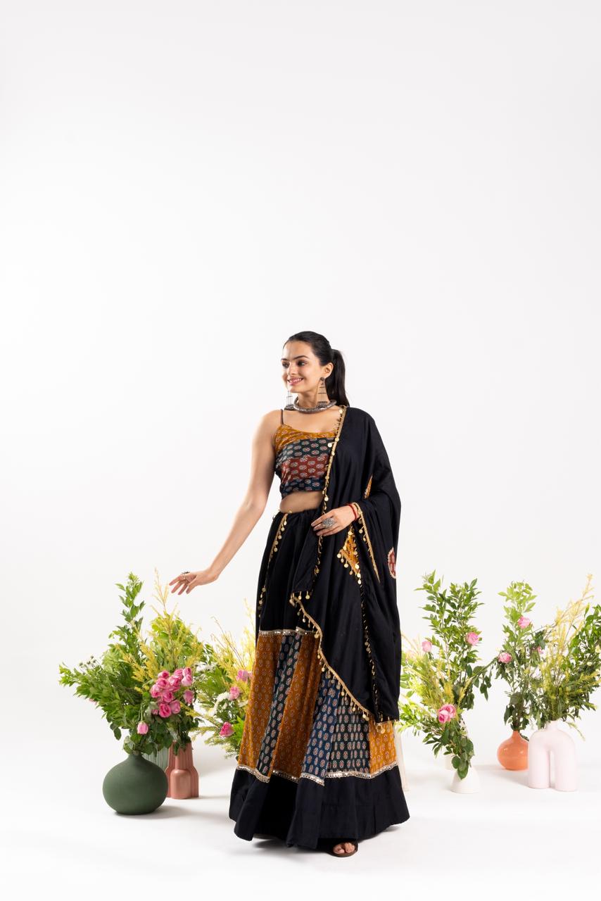 Navratri Lehenga choli With Ajrakh Cotton Printed 4 PC Set adding a touch of glamour and elegance to your look For Festive Season