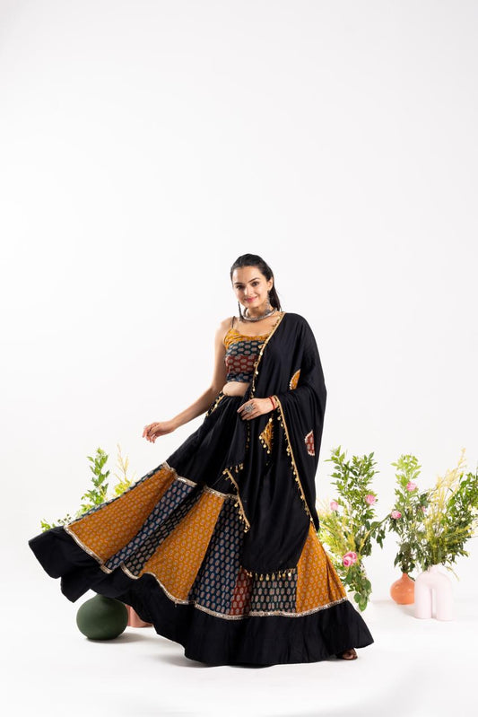 Navratri Lehenga choli With Ajrakh Cotton Printed 4 PC Set adding a touch of glamour and elegance to your look For Festive Season